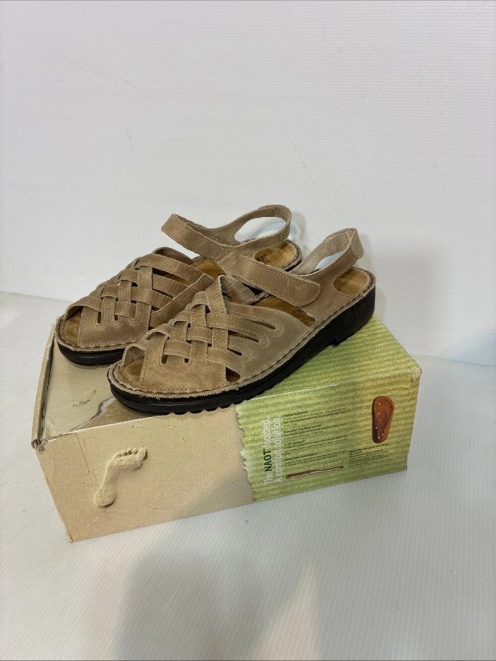 Naot Womens Tan Beige Leather Woven Slingback Sandals EU 37 US 6-6.5 w/ Box